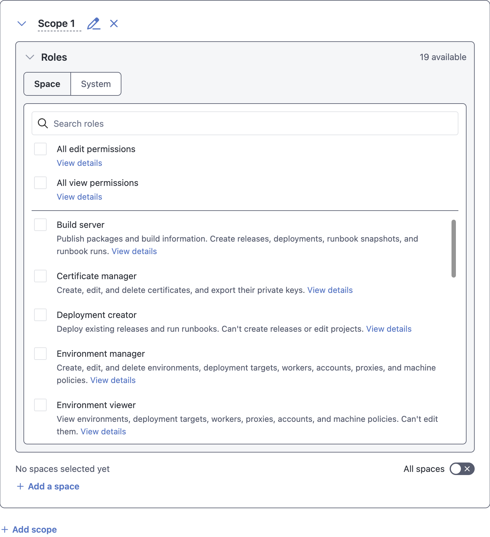 An access scope with Space roles selected, a searchable list of roles, and the option to add spaces